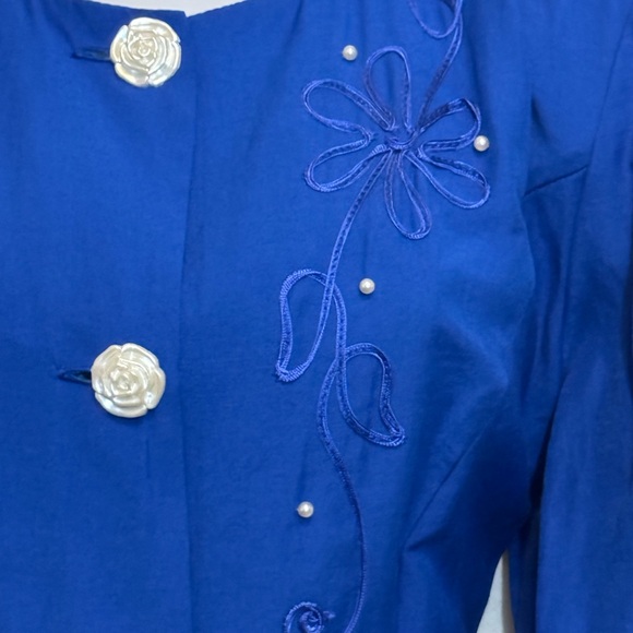 B-278 Reina Vintage 80s Blue Embroidered Puffy Sleeve Skirt Set Size 12 - Picture 8 of 16